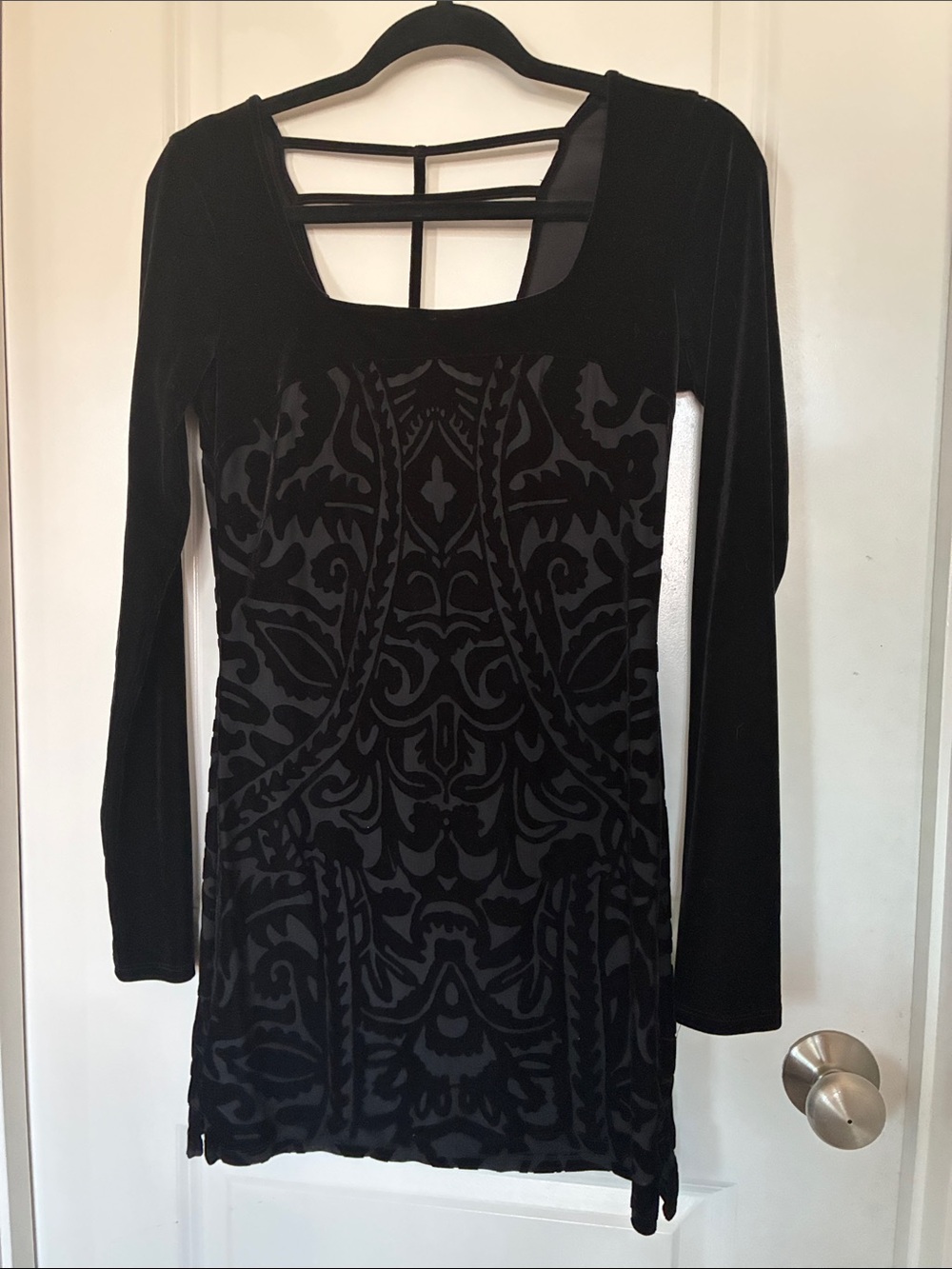 Free People Black Velvet Burnout Long Sleeve Square-Neck Mini Dress